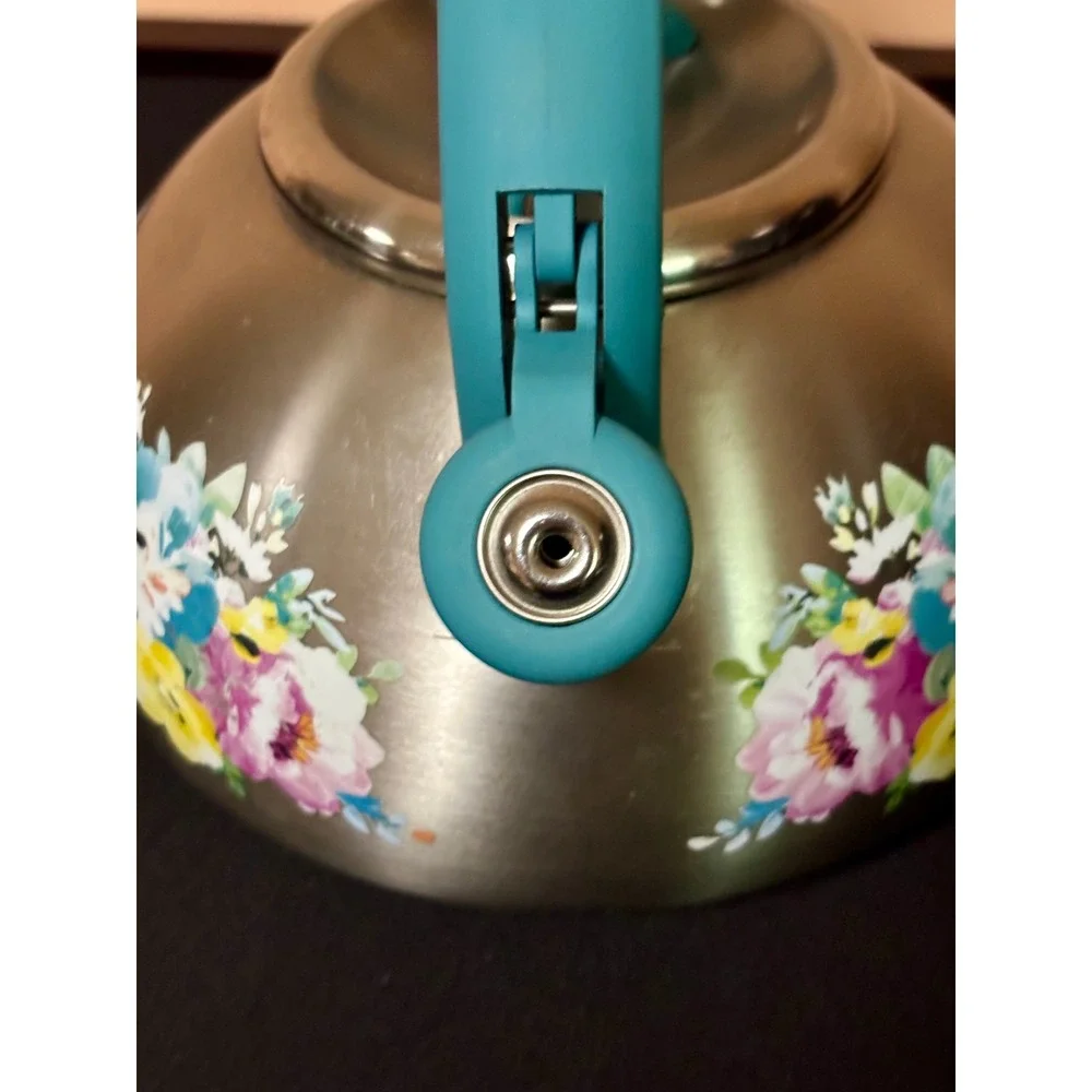 Pioneer Woman Sweet Romance Stainless Steel Whistling Tea Kettle Teal Handle